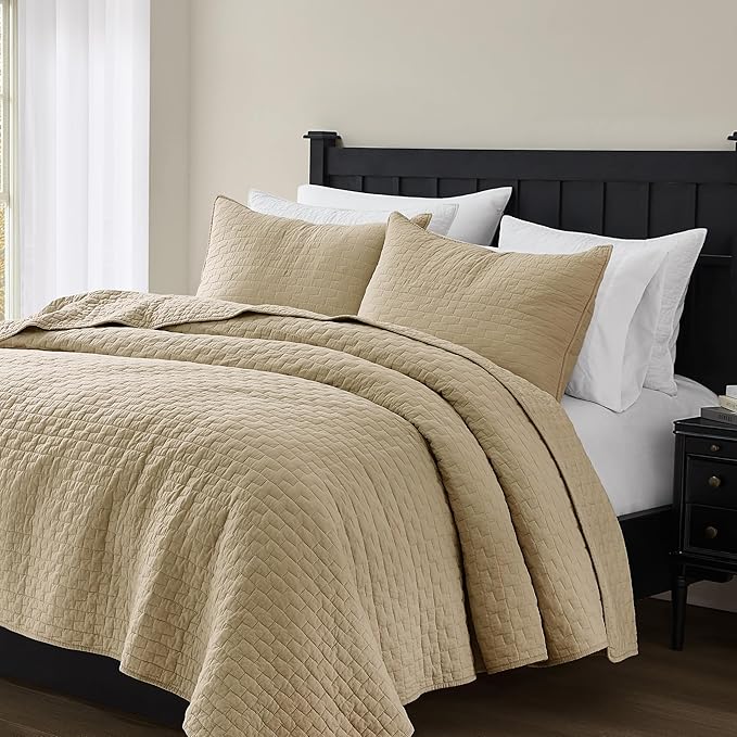palassio Dark Beige 100% Cotton Quilt California Cal King Size Bedding Sets with 2 Pillow Shams, Oversized Lightweight Bedspread Shabby Chic Coverlet, Soft Bed Cover for All Season, 3 Pieces