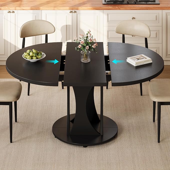 Einhomn 59" Extendable Round Dining Table for 6-8, Kitchen Table with Sturdy Double Arc Base & Backboard Clasp Desktop, Mid-Century Modern Dinner Table, Kitchen Dining Room, Space Saving, Black