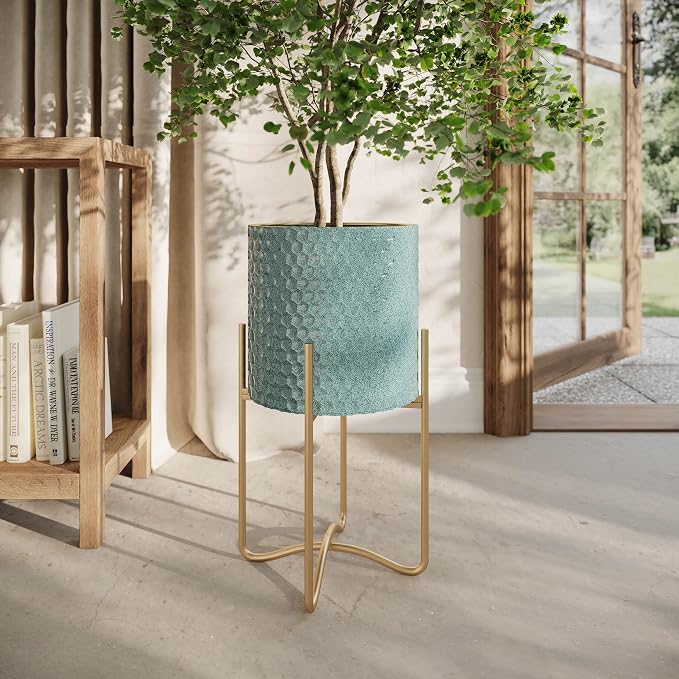 EverNest Mid-Century Modern Rhys Honeycomb Embossed Planter Pot with Ambrose Stand, Metal Indoor Plant Pots, Blue Green Bohemian Style (Medium 2 Gallon)