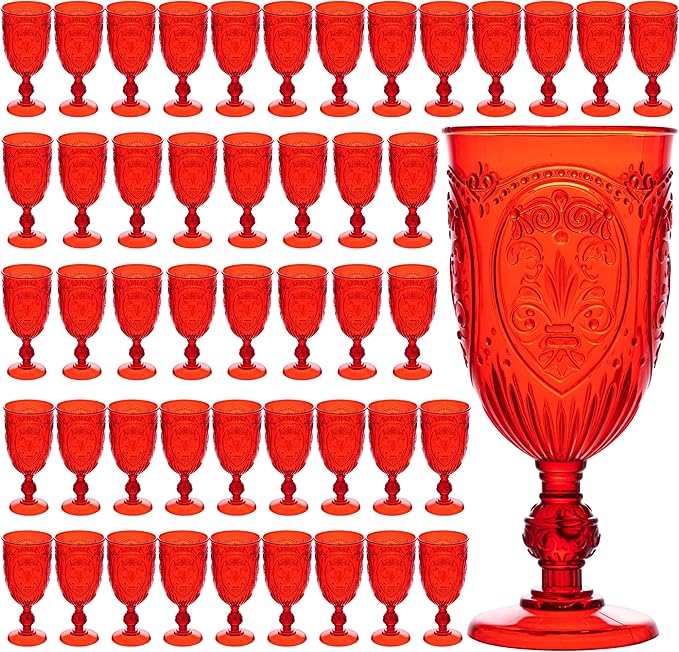 JLYLOL Plastic Wine Glasses 48Pcs Plastic Goblets 7.5oz Colored Retro Embossed Glassware Vintage Stemmed Drinking Cup Reusable Water Goblets for Wedding Reception Grand Event Party Bar,Whiskey (Red)