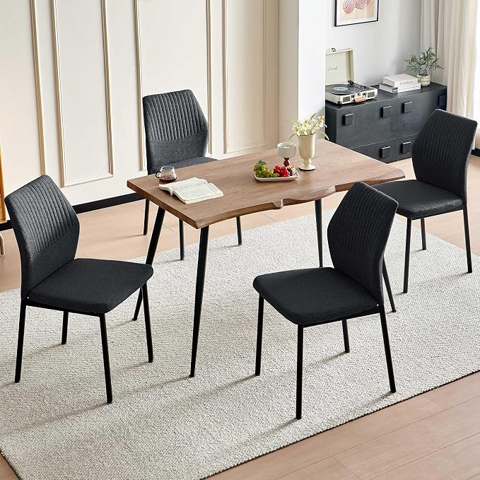Dining Table Set for 4, Modern Wood Irregular Rectangle Dining Table, Linen Fabric Dining Chairs 4,Table and Chairs Set of 4 for Kitchen Dining Room, Black