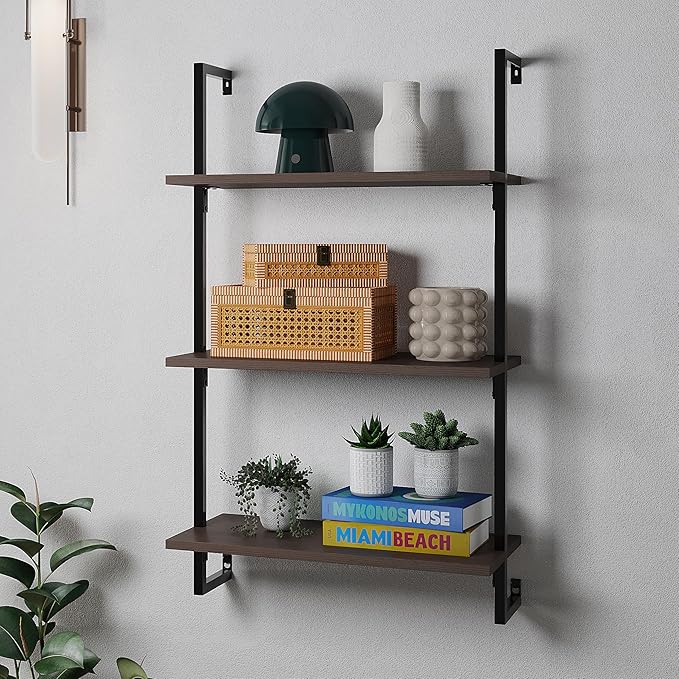 happimess MSH1000C Madera 40.55" Classic Industrial 3-Shelf Wood Wall-Mounted Open Ladder Bookcase with Metal Frame, Brown/Black