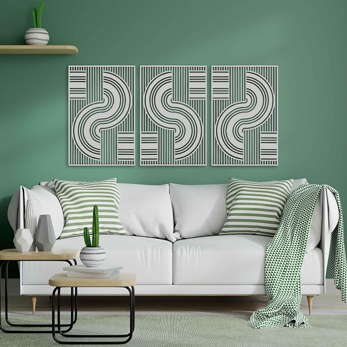 Abstract Retro Design Wood Wall Art Set of 3, Mid Century Curved Line Panels, Bauhaus Geometric Modern Wooden Decor, Housewarming Gift for Living Room and Bedroom