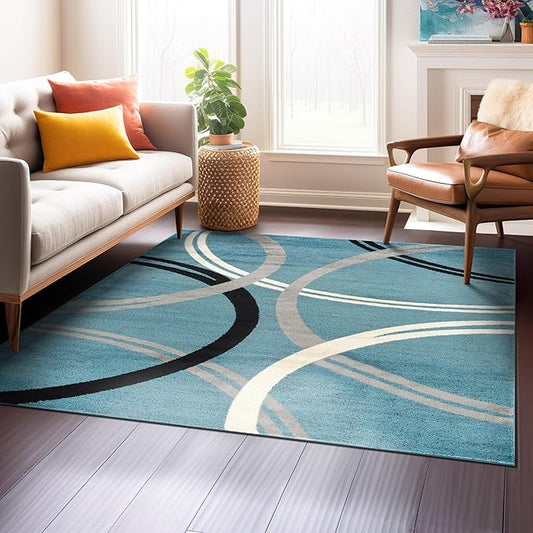Rugshop Modern Wavy Circles Design Square Rug, Non-Shedding Carpet for Living Room, Bedroom, or Dining Room, Blue, 6'6" x 6'6"