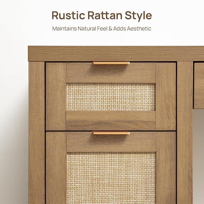 SICOTAS 52" Rattan Home Office Desk with 3 Drawers: Boho Executive Desk with 2 Storage Cabinets, Large Computer Writing Table for Study, Office, Living Room