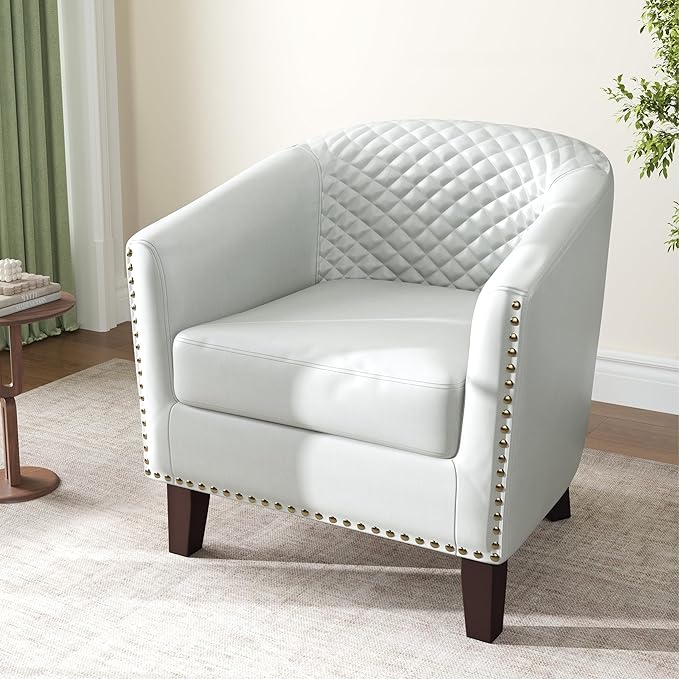 Accent Barrel Chair, Upholstered Faux Leather Club Chair with Nailed Trim, Comfy Reading Armchair for Living Room Bedroom Reception Room Office (White, Set of 2)