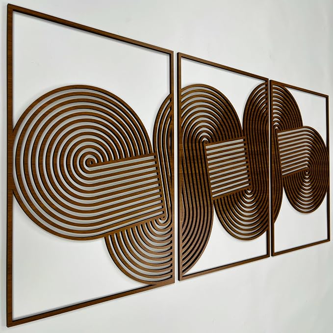Living Room Wall Art for Mid Century Modern Interiors, Triptych Boho Wall Panels, Geometric Circle Loop Wooden Wall Decor, Home Gift for Bedroom