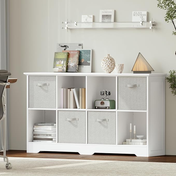 VORONOI 8 Cube Storage Organizer with 4 Fabric Drawers and Removable Shelves — Modular Cube Bookshelf for Bedroom, Living Room, or Home Office, Short Cube Bookcase for Toys, Decor,White