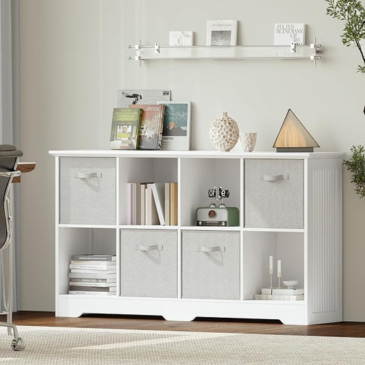 VORONOI 8 Cube Storage Organizer with 4 Fabric Drawers and Removable Shelves — Modular Cube Bookshelf for Bedroom, Living Room, or Home Office, Short Cube Bookcase for Toys, Decor,White