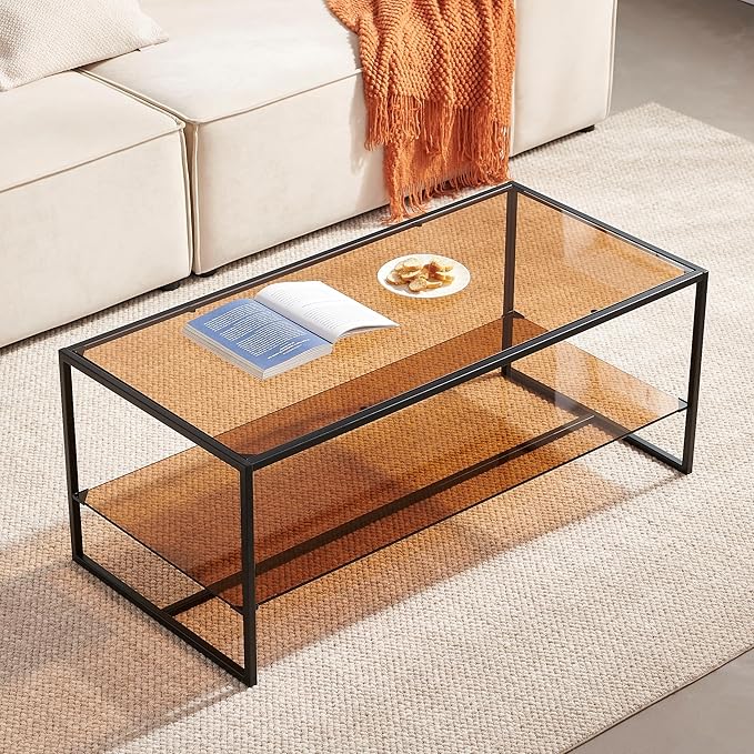 Shrine Brown Glass Coffee Table, Modern Design, Dual-Layer Coffee Table for Living Room, Black-Plated Metal Frame, Brown Glass Top