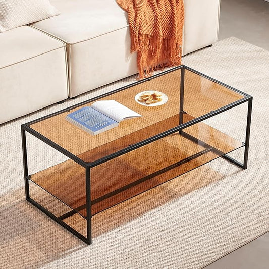 Shrine Brown Glass Coffee Table, Modern Design, Dual-Layer Coffee Table for Living Room, Black-Plated Metal Frame, Brown Glass Top