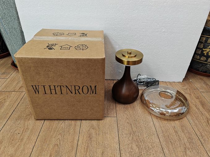 Small Table Lamp for Bedroom-Wooden Base Teardrop Mushroom Table Lamps,Amber Glass Shade,LED Three Color Temperature Adjustable Brightness Modern LED Side Table and Desk Lighting(H 9.7 in)