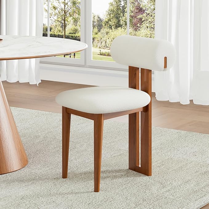 Upholstered Kitchen & Dining Room Table Chairs Set of 2, Solid Wood Walnut Mid Century Dining Chairs with Boucle Upholstery, Cylindrical Backrest for Vanity, Living Room, Office, White & Walnut