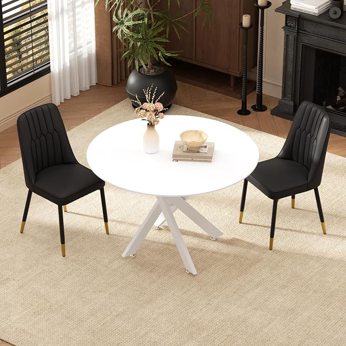 RGZ Mid Century White Round Dining Table Set for 2, 36" Small Wooden Circle Kitchen Table & 2 Black PU Leather Kitchen Chairs, Dinner Table Set for Home, Apartment, Dining Room