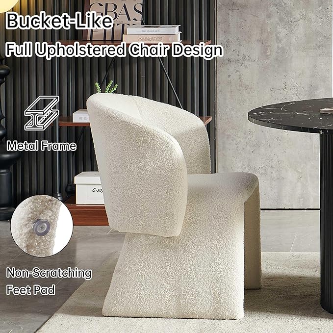 NORDICANA 5-Piece Round Dining Table Set for 4, Modern 47-Inch Kitchen Table and Chair Set, Dining Set with Off White Upholstered Armchairs, Manufactured Wood Top with Black Marble Effect Finish