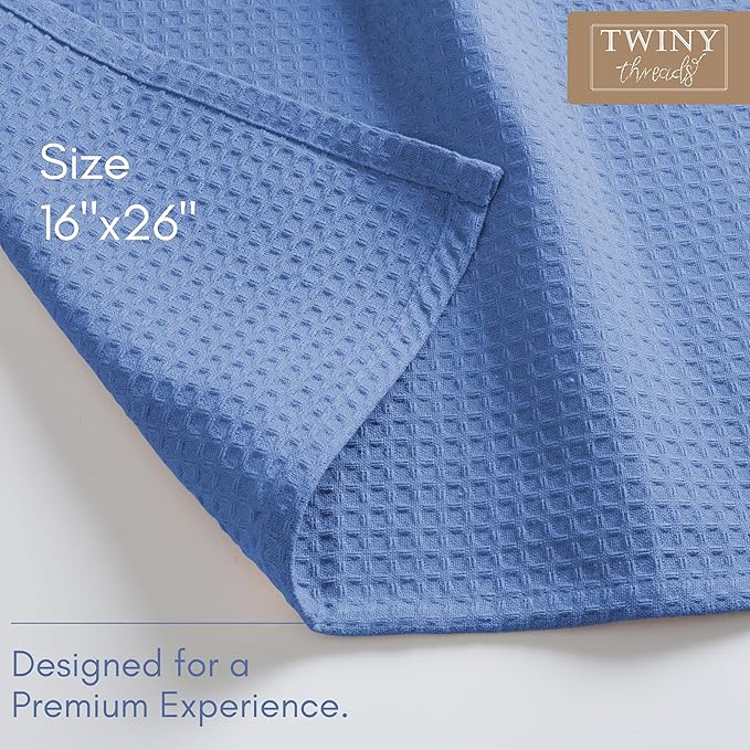 TWINY threads Kitchen Towels Set of 4, 100% Soft Cotton Waffle Weave Dish Towels, Quick Drying, Tea Towel with Hanging Loop, Resuable Cloths for Table Cleaning, Dining, Parties, 16"x26", Sky Blue