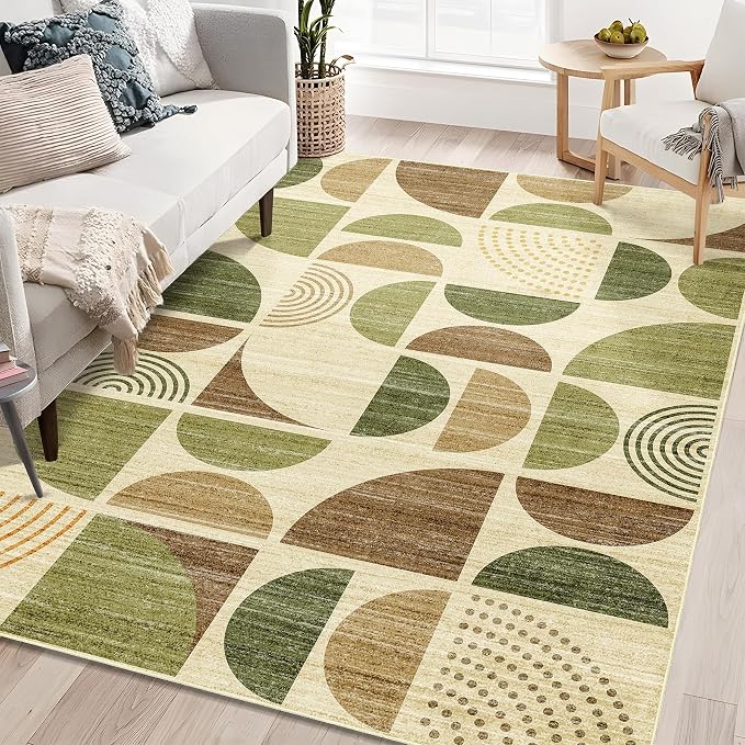 MUJOO 5x7 Area Rugs Washable,Boho Rugs for Living Room Bedroom Play Room,Large Throw Floor Carpet Non Slip Soft Modern Abstract Vintage Green and Brown
