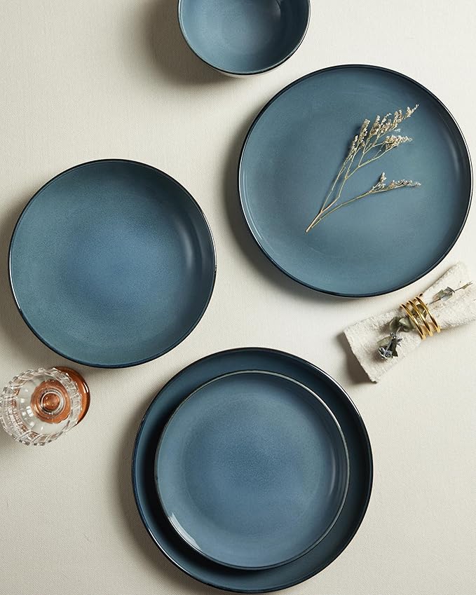 24 Piece Double Bowl Dinnerware Sets with Pasta Bowls, Highly Chip and Crack Resistant Plates and Bowls Sets, Natural Earthyware Ceramic Dishware Sets, Service for 6 Jeans Blue