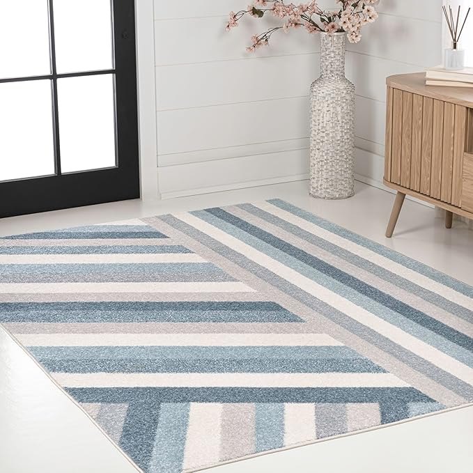 JONATHAN Y Retro Rainbow Stripe Indoor Area Rug 3x5, Blue/Cream/Gray, Contemporary, Casual, Coastal, Easy-Cleaning for Living Room, Bedroom, Kitchen, Pet Friendly, Non-Shedding (DZC102B-3)