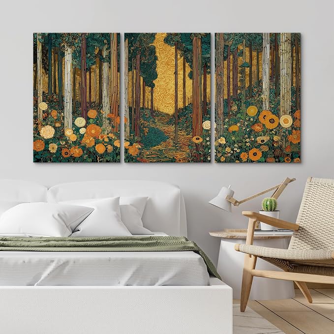 wall26 Canvas Print Wall Art Set Klimt Style Sunlit Forest Vibrant Green and Gold Floral WoodlandDecorative Minimal Relax/Zen for Living Room, Bedroom, Office - 16"x24" x 3