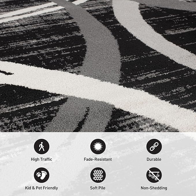 Rugshop Modern Wavy Circles Design Accent Rug, Carpet with Jute Backing for Entryway, Kitchen, or Pet Area, Black, 2' x 3'