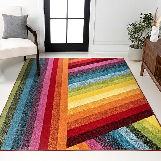JONATHAN Y Retro Rainbow Stripe Multi Indoor Area Rug 8x10, Contemporary, Casual, Coastal, Easy-Cleaning for Living Room, Bedroom, Kitchen, Pet Friendly, Non-Shedding (DZC102A-8)