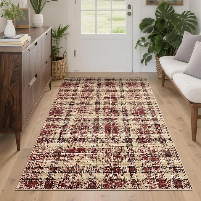 Washable Rugs 4x6 Rug for Living Room Modern Plaid Area Rug for Bedroom Tartan Farmhouse Red Non Slip Entryway Rug Soft Stain Resistant Carpet for Nursery Entrance Dining Room 4'x6' Red
