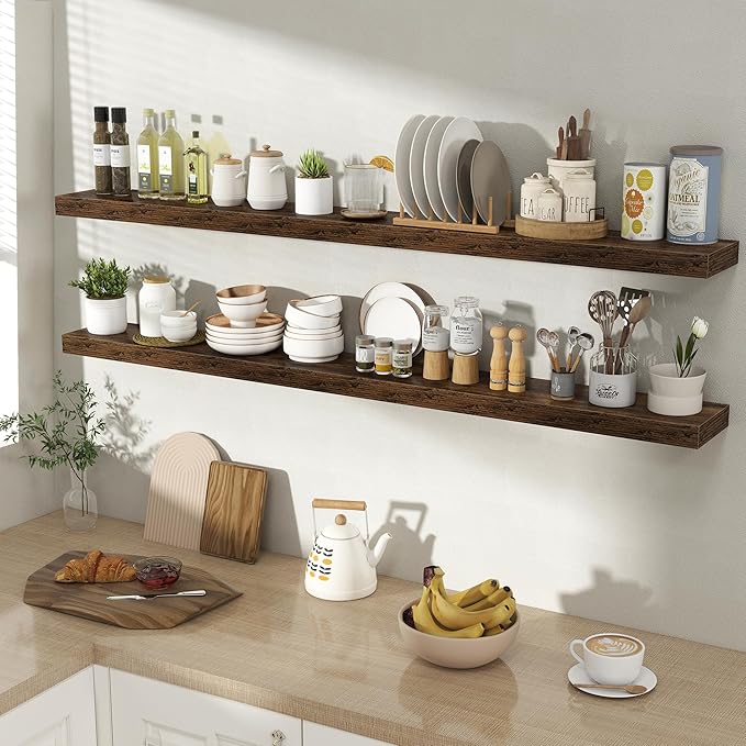 55 Inch Floating Shelves for Wall 2 Pack, 55" Wall Shelves for Books, Storage, Decor, Wall Mounted Floating Shelf with Invisible Brackets for Kitchen, Living Room, Brown