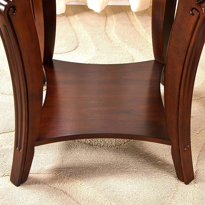 2-Set Solid Wood Side Table with Storage Shelf, 2-Tier Square End Tables Living Room, Traditional Style End Table, Vintage Beside Table with Curved Legs and Glass Tabletop, Cherry Walnut Accent Table