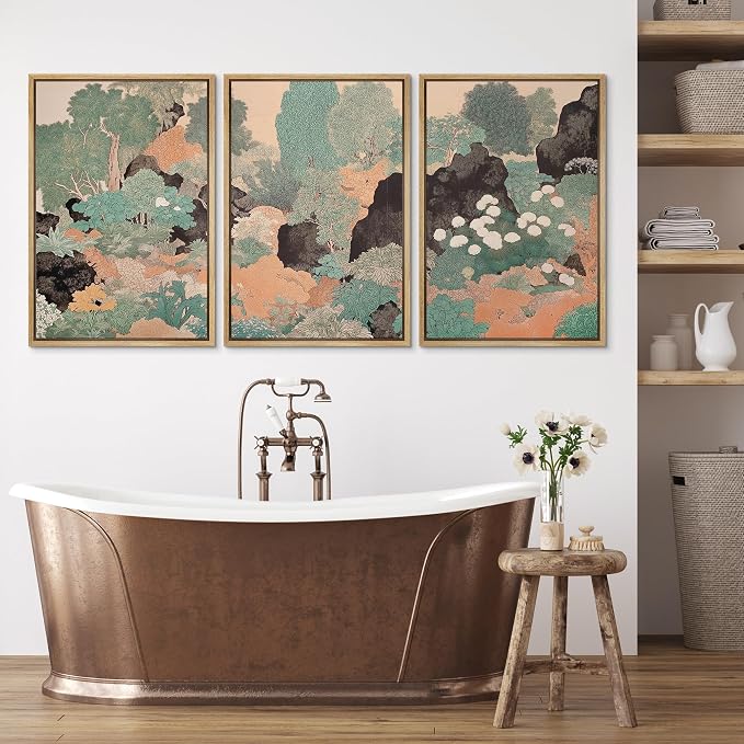 wall26 Framed Print Wall Art Set Vintage Japanese Garden Landscape Decorative Minimal Relax/Zen for Living Room, Bedroom, Office - 24"x36"x3 NATURAL