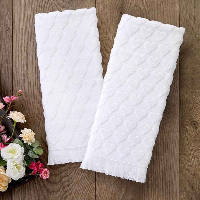 SKL Home Valentine's Day Heart Jacquard 100% Cotton 2pc Hand Towel Set, Decorative for Bath/Kitchen/Bar & Gift, White
