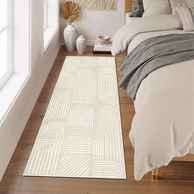 MUJOO 2x6 Runner Rug Washable,Mid Century Modern Abstract Non Slip Low Pile Runner Rug,Neutral Beige and White Rug for Hallway Kitchen Entryway