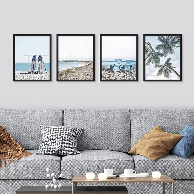 SIGNWIN Framed White Surfboard Tropical Palm Tree Beach Shore Wall Art, Set of 4 Landscape Colorful Wall Decor Prints, Nature Wilderness Wall Décor for Living Room, Bedroom - 12"x16" Black
