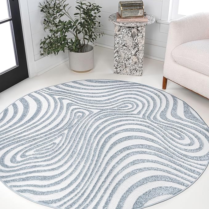JONATHAN Y Maribo High-Low Abstract Striped Light Blue/Ivory 8' Round Indoor/Outdoor Area Rug, Pet Friendly, Non-Shedding, Stain Resistant, Easy-Cleaning for Backyard, Patio, Porch (SCN103C-8R)