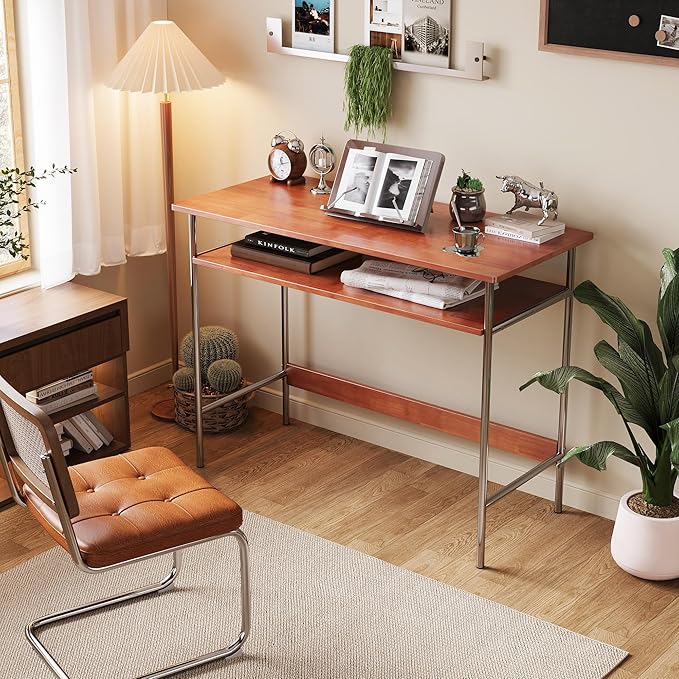 100% Solid Wood Desk, 39 Inch Writing Computer Desk for Small Spaces, Vintage Home Office Desks, Mid Century Modern Desks with Thickened Stainless Steel Legs for Study, Makeup & Workstation (Cherry)
