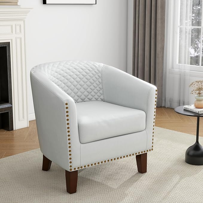 UIXE Faux Leather Barrel Accent Chairs Set of 4, Modern Club Upholstered Arm Chair, Comfy Armchair Nailed Trim Living Room Single Sofa Reading Seat Bedroom Side Sitting for Office, White