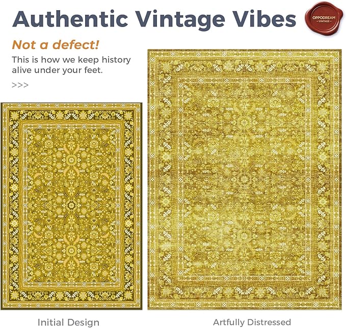 OPPODREAM Vintage Yellow Area Rugs 9x12, 9 x 12 Retro Washable Rug Non Slip, Low-Pile Faux Wool Carpet, Distressed Floor Mat for Living Room, Bedroom, Office, Dorm, Dinning Room, Big & Large