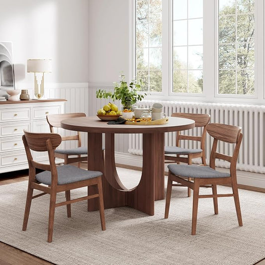 Merax 5-Piece Retro Dining Set - 48" Round Cross-Leg Table & 4 Upholstered Chairs, Mid-Century Modern Kitchen Set with Rubberwood Frame for Kitchen Dining Room, Cappuccino+Walnut