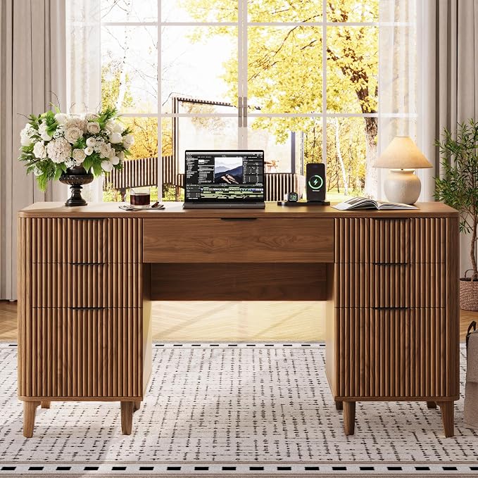 55.1" Fluted Executive Desk with Drawers, Wood Computer Desk with Storage Cabinet, Home Office Desk with Charging Station, Farmhouse Desk with File Cabinet for Office Home (Walnut)
