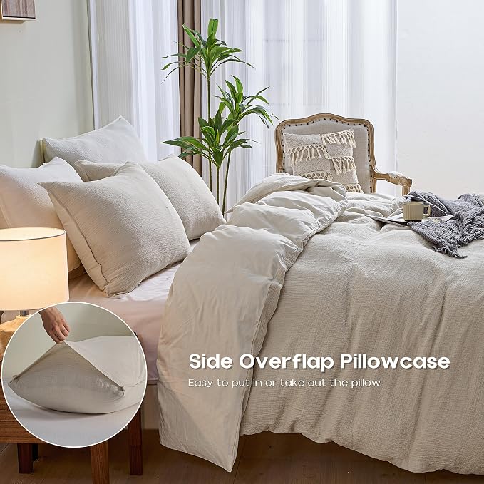 Simple&Opulence Linen Muslin Duvet Cover Set Twin Size, 3Pcs Grey Linen Cotton 3-Layer Gauze Minimalist Comforter Cover 68”x86”, Ultra Soft Breathable Seersucker Bedding Set with 1 Pillowcase