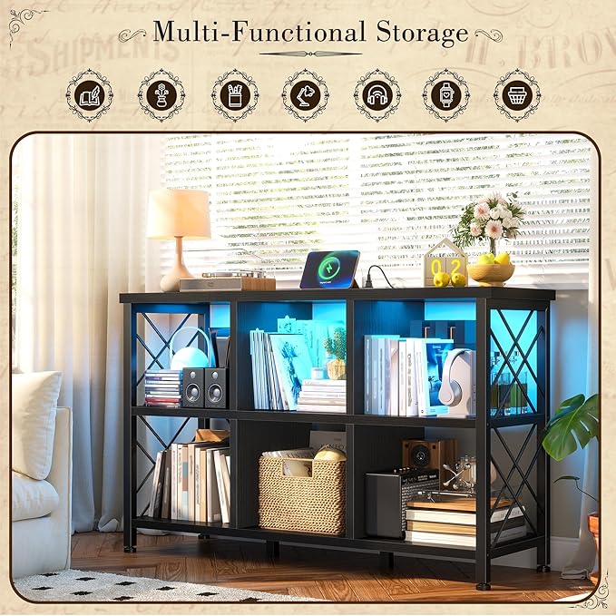 DurayLoly 6 Cube Storage Organizer with LED Light and Charging Station, Wood and Metal Cube Shelf as Long Horizontal Book Shelf for Bedroom Home Office, Black