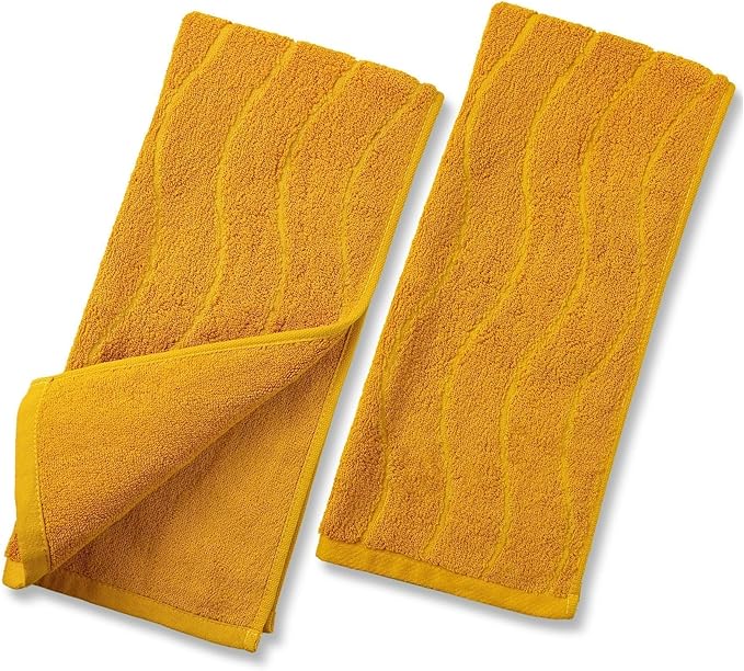 Jacquotha Wavy Striped Cotton Hand Towels, Set of 2, Dry Your Hand Instantly, 13x29 Inches, Mustard Kitchen Bathroom Towel
