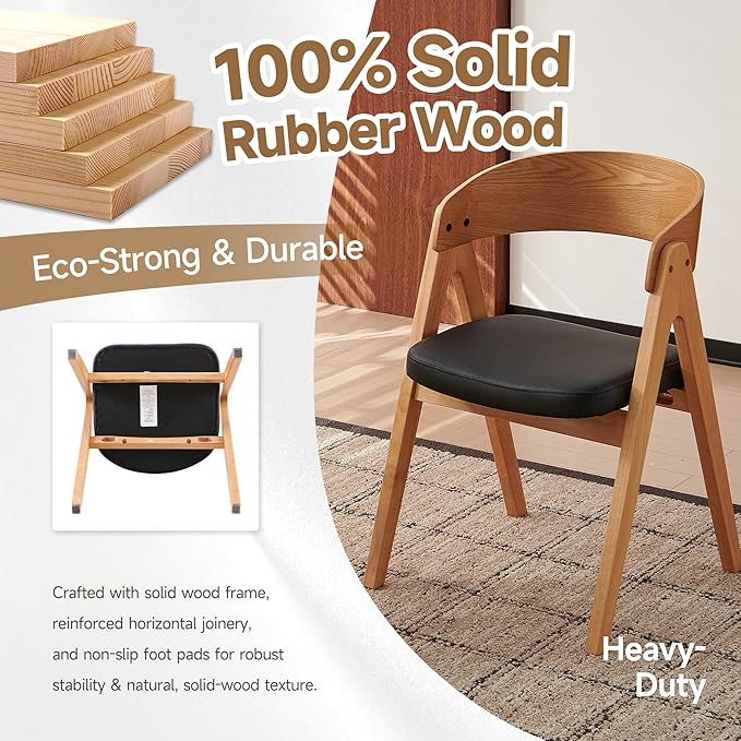 Howtek 47″ Round Dining Table Set for 4-6 People, 5 Piece Modern Kitchen Table with Natural Oak Wood Grain Finish & 4 PU Leather Upholstered Dining Chairs（Curved Backrest & Solid Wood Legs ）