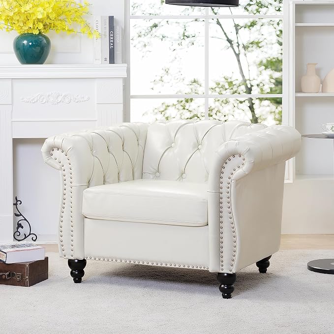 LEVNARY Leather Upholstered Armchair, Mid-Century Modern Single Sofa Chair with Rolled Arms and Nailhead, Tufted Pu Leather Chesterfield Chair for Home Bedroom Reading Room (Cream White)