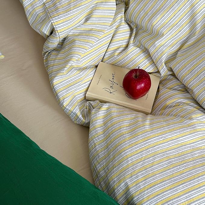 mixinni Vintage Geometric Striped Duvet Cover Set - 3 Piece 100% Washed Cotton Twin Size Bedding Set with Matching Pillowcases | Mid-Century Modern Design | Ultra Soft & Breathable-Twin Size