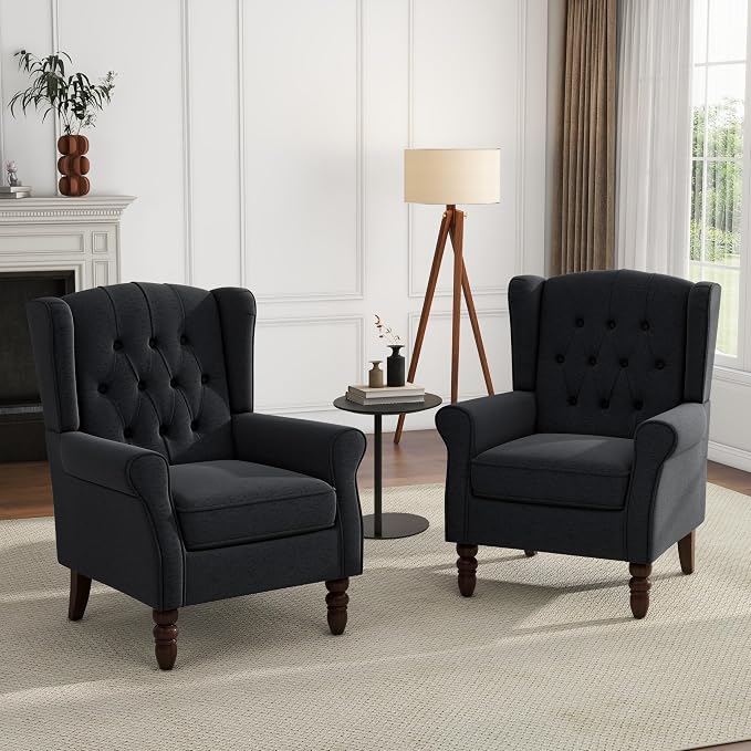 High Back Accent Chairs Set of 2, Upholstered Armchair in Fabric, Retro Wingback Arm Chair for Living Room, Comfy Single Sofa Bedroom Reading Seat with Solid Wood Legs - Black Blue
