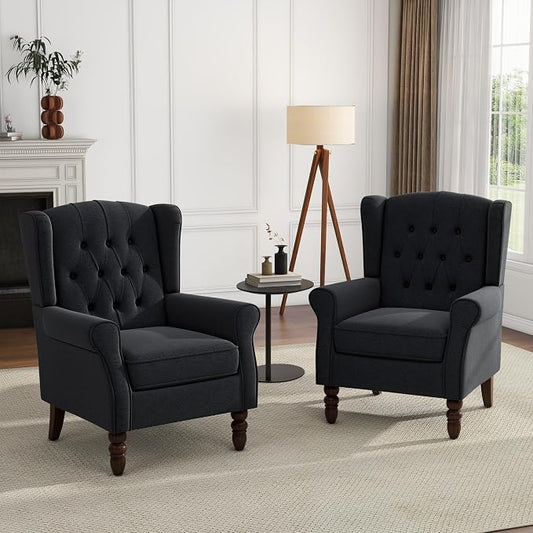 High Back Accent Chairs Set of 2, Upholstered Armchair in Fabric, Retro Wingback Arm Chair for Living Room, Comfy Single Sofa Bedroom Reading Seat with Solid Wood Legs - Black Blue