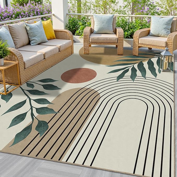 Indoor Outdoor Area Rug, Mid Century Sun Outdoor Patio Rug,Washable Abstract Art Leaves Eucalyptus Runway Rugs Non-Slip Carpet for Camping, Bedroom, Deck(5x8)