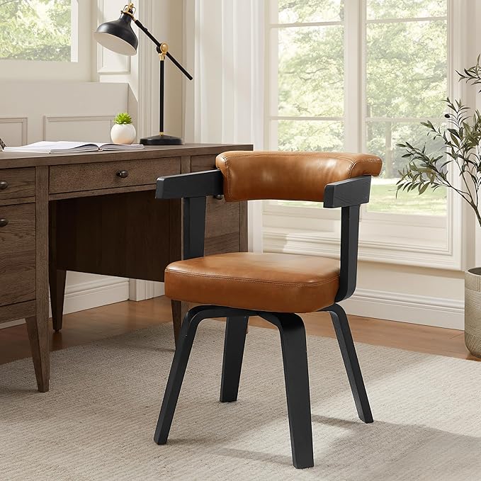 Art Leon Home Office Desk Chair - Mid Century Modern Chair, Faux Leather Office Chair No Wheels, Comfy Accent Arm Chair with Wood Legs for Small Spaces Living Room Bedroom Study, Black/Walnut