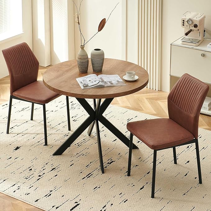 37" Round Dining Table Set for 2, Mid Century Modern Small Coffee Set for Dining Room Kitchen Apartment (Walnut Table + 2 PU Leather Brown Chairs)
